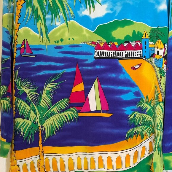 Diane Gilman Women's 100% Silk Blouse Tropical Size Medium Palm Trees, Sail Boat - Picture 6 of 15